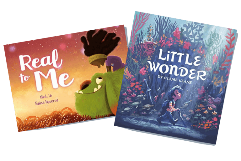 book covers of books for kids titled, "Real to Me" and "Little Wonder"