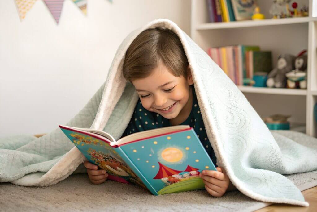 little boy laying on his stomach on the floor, reading a book with a blanket draped over his body and head