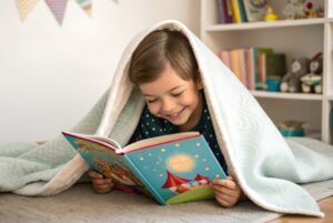 little boy laying on his stomach on the floor, reading a book with a blanket draped over his body and head