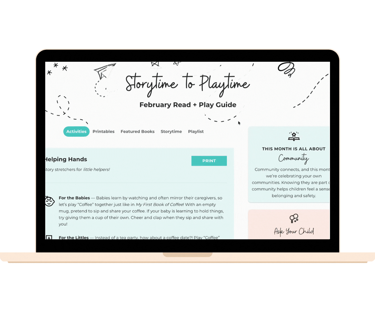Animated screenshot gif of the Play Guide included with the Busy Little Book Club subscription showing a list of activities, printables for kids, a list of the books featured in the box, video storytime, and a music playlist from Spotify