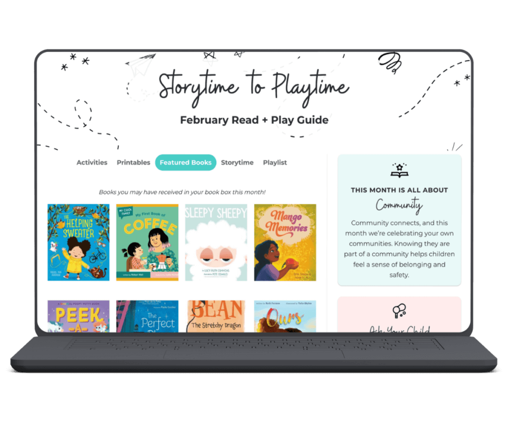 a laptop mockup showing the Play Guide included with the Busy Little Book Club subscriptions and the activities, printables, featured books, storytime, and music playlist tabs available on the guide page