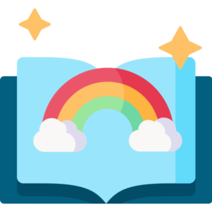 a rainbow and stars coming out of an open book