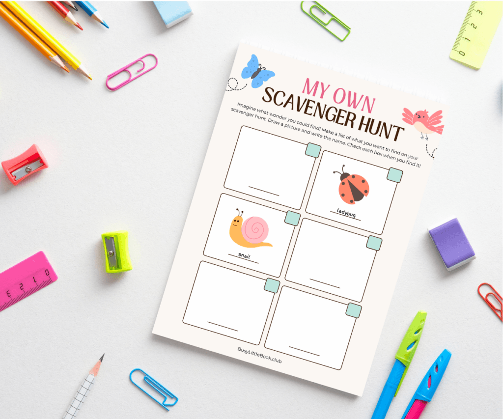 Child's desk with art supplies and a create your own scavenger hunt worksheet printable on it