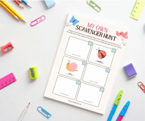 Child's desk with art supplies and a create your own scavenger hunt worksheet printable on it