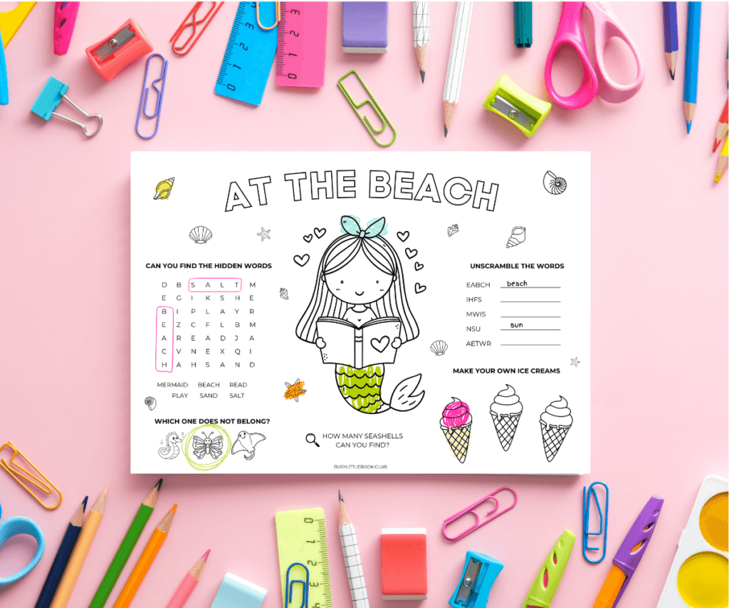 Summer Printable At the Beach Activity Placement Mockup from Busy Little Book Club