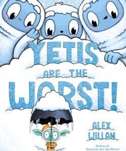 Book cover of Yetis Are the Worst! showing a little goblin standing under an umbrella with three yeti looking over him from above